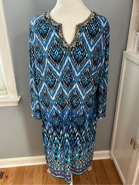 Chico’s Size 3 (XL/16) Beaded V-Neck Shift Dress Blue Purple Ikat Geometric Boho